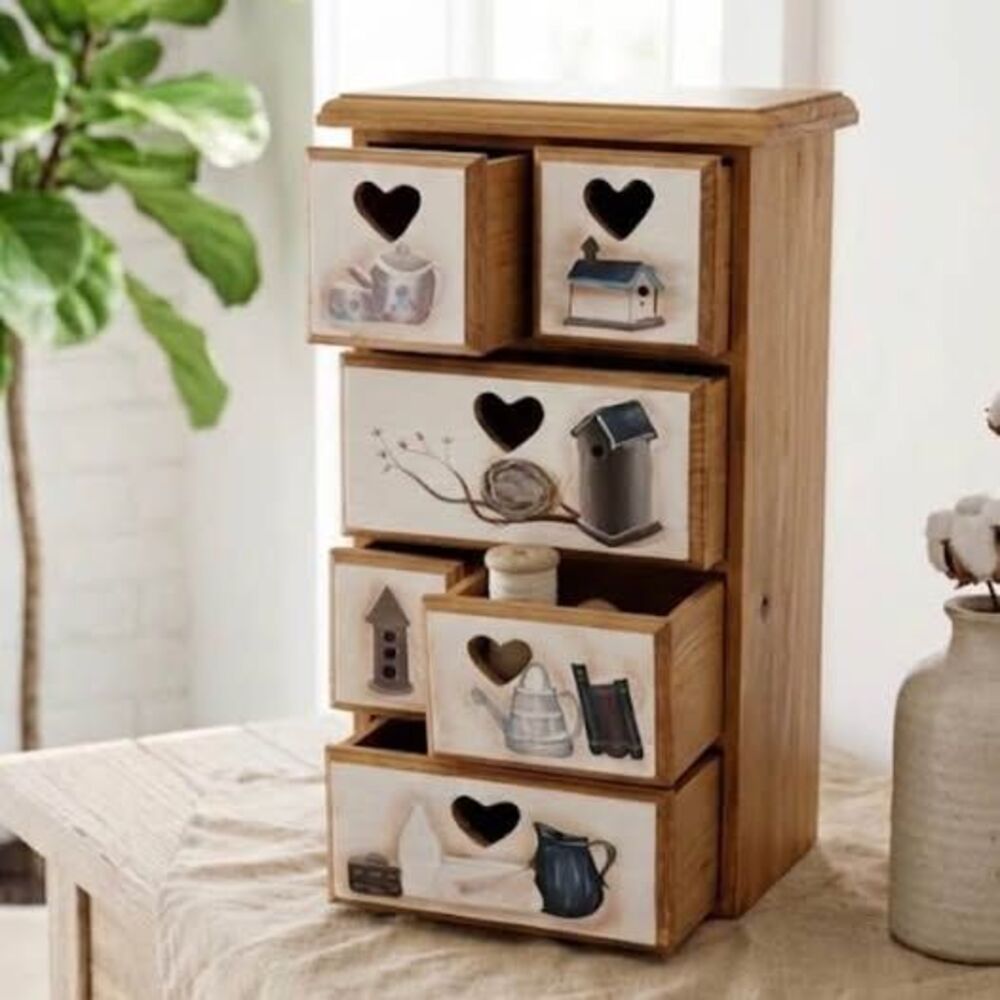 Hand Painted Wooden Mini Chest 5 Drawer Tabletop Organizer with Heart Cutouts